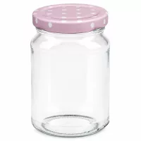 Rundes 205ml Einmachglas mit rosa BasicSeal Deckel in Punkte-Design für Marmelade und Konservierung