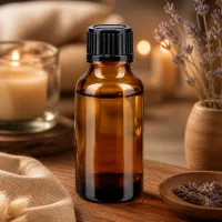 Braune 20ml Tropfflasche mit geripptem schwarzen Verschluss neben getrockneten Lavendelblüten