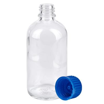 ClearLine Flasche 100ml UT18 schmaler Flaschenhals blauer Verschluss weisser Hintergrund