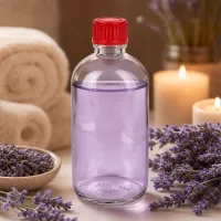 100ml Glasflasche UT18/100 roter Kunststoffverschluss 11mm SV gefüllt mit lila ätherischem Öl Lavendel