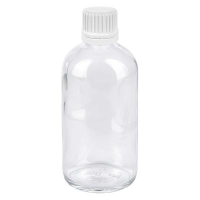 Zylindrische 100ml Tropfflasche aus klarem Glas mit weißem Sicherheitsverschluss UT18
