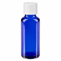 Blaue 30ml Pharmaglasflasche mit weißem kindersicherem Standardverschluss 11mm