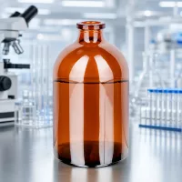 Sterile Braunglas-Injektionsflasche 100ml für Infusionslösungen vor professioneller Laborausstattung