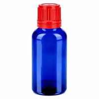 Premium Tropfflasche 30ml cobaltblau mit UV-Schutz und auslaufsicherem roten Verschluss