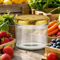 225ml Sturzglas leer mit Bienenwaben-Deckel umgeben von frischen Früchten Gemüse rustikale Küche Einmachglas