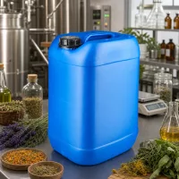 Stapelbarer Kunststoffkanister 25 Liter blau mit OV Verschluss in pharmazeutischer Laborumgebung