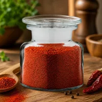 Klarglas Gewürzbehälter 100ml Weithals mit rotem Chilipulver und Pfefferkörnern