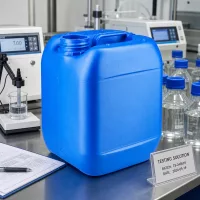 Blauer Chemikalienkanister 5 Liter ohne Verschluss im Qualitätskontrolllabor mit Dokumentation