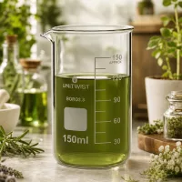 UNITWIST Borosilikat Becherglas 150ml hohe Form mit grünem Inhalt zwischen Rosmarinzweigen und Kräutern