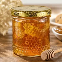 Honigglas 400ml mit Waben-Inhalt und BasicSeal Deckel, Holz-Honiglöffel, authentische Imkerei-Präsentation