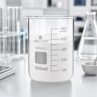 UNiTWIST Borosilikat Becherglas 500ml niedrige Form mit weißem Laborpulver und Messskala