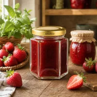 60g BioSeal Honigglas mit Erdbeermarmelade gefüllt in Küchenszenerie mit frischen Erdbeeren und Minze
