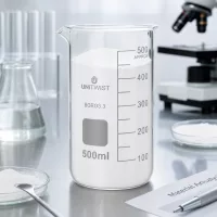 Laborbecherglas hohe Form 500ml aus Borosilikat mit weißem Analysematerial befüllt