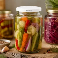 UNiTWIST Runda382 Glas gefüllt mit eingelegtem Gemüse - Mixed Pickles in Einmachglas mit weißem BioSeal Deckel