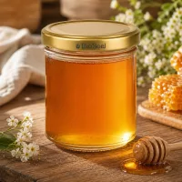 BioSeal 200g Honigglas gefüllt mit goldenem Honig Honiglöffel Bienenwaben Blüten rustikale Holz Dekoration