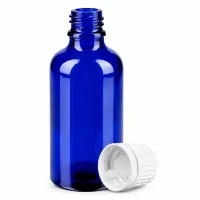 UV-schützende blaue 50ml Glasflasche mit weißem Schraubverschluss und Tropfeinsatz BlueLine