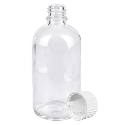 100ml Glasflasche ClearLine UT18 mit geripptem weißem Kinderschutzverschluss und 0.9mm Tropfer