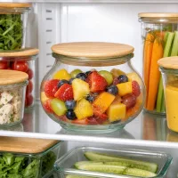 WECK Vorratsglas 560ml RR80 mit Holzdeckel gefüllt mit Obstsalat im Kühlschrank organisierte Lebensmittelaufbewahrung
