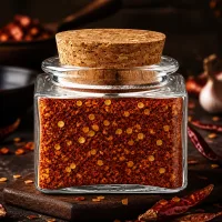 Kompaktes Gewürzglas mit Korken und rotem Chilipulver neben getrockneten Schoten