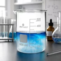 UNiTWIST Messbecherglas 600ml niedrige Form mit Glasstab und Tropfflasche im Labor
