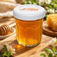 Le Parfait Mini-Sturzglas 44ml mit Honig gefüllt neben Waben und Honiglöffel auf Holztisch mit Blütendeko