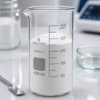 400ml Becherglas hohe Form Borosilikatglas 3.3 mit Pulver auf professionellem Laborarbeitsplatz