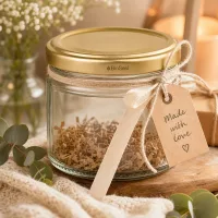 UniTWIST Runda330 Vorratsglas mit goldenem TO82 BioSeal Deckel dekorativ verpackt als Geschenk mit Schleifenband