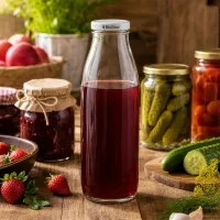 500ml Glasflasche mit rotem Saft befüllt, BioSeal Deckel weiß, umgeben von Einmachgläsern und frischen Gurken