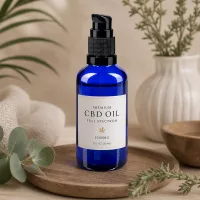 Schlanke blaue Apothekenglasflasche 50ml mit schwarzem Spenderkopf für ätherische Öle