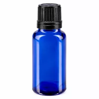 20ml Apothekenglas blau mit schwarzem OV-Verschluss und präzisem 1mm Dosiereinsatz für Tropfen