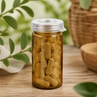 Kompaktes Pillenglas 5ml Braunglas mit kindersicherem Schnappdeckel und goldfarbenen Kapseln