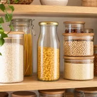UNiTWIST Glasflasche 150ml goldener BioSeal Deckel mit Nudeln befüllt zwischen Vorratsgläsern Pantry Organisation