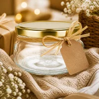 Transparentes 120ml Glas UNiTWIST Golddeckel mit Etikettenanhänger für selbstgemachte Geschenke