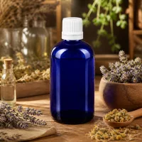 Präzisions-Tropfflasche 100ml in Blauglas mit 0,7mm Einsatz neben Lavendel und Holzmörser