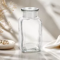 Klare 100ml Vierkantflasche mit Glasverschluss luftiger Hintergrund mit getrockneten Wiesenblumen
