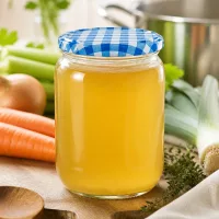 Vorratsglas UNiTWIST 555ml mit Brühe auf Holzbrett neben Suppengemüse und Kräutern
