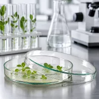Zwei Glaspetrischalen 100x15mm mit Arabidopsis-Setzlingen auf gelbem Kulturmedium