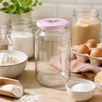 1062ml Rundglas BasicSeal rosa Herzdeckel zwischen Backzutaten Eiern Mehl als vielseitiges Küchenvorratsglas