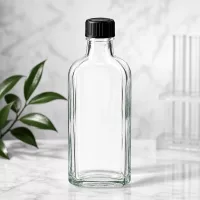 Kleine Glasflasche flache Form 100ml transparent mit schwarzem Schraubdeckel Produktfoto