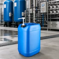 Kompakter blauer Kunststoffkanister 25 Liter mit Pumpspender vor industriellen Drucktanks