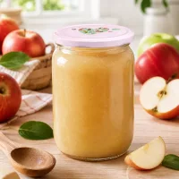 555ml Rundglas BasicSeal Herz rosa mit goldfarbener Apfelmus-Füllung und frischen Äpfeln im Hintergrund