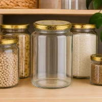 1000g Honigglas leer mit Bienenwaben-Deckel in Vorratsregal zwischen gefüllten Gläsern mit Hülsenfrüchten und Reis