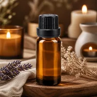10ml Tropfflasche aus braunem Schutzglas mit schwarzem Originalitätsverschluss im Wellnessambiente