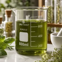 Becherglas niedrige Form 800ml Borosilikat mit grüner Flüssigkeit bei 750ml Füllstand UNiTWIST