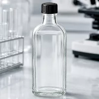 Flachflasche 100ml aus Klarglas mit schwarzem Schraubdeckel und LKD-Dichtscheibe für Chemikalien
