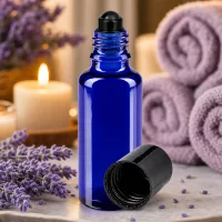 Hochwertige 30ml Roll-On Flasche in Kobaltblau mit schwarzem Aufsatz für ätherische Öle