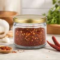 700g Honigglas BasicSeal mit goldenem Deckel gefüllt mit Chili-Gewürzmischung neben getrockneten Chilischoten