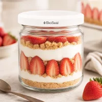 UNiTWIST Runda212 Dessertglas mit Erdbeeren Sahne und Streuseln zeigt vielseitige Verwendung des TO66 BioSeal Deckels