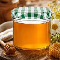 225ml Sturzglas mit grün-weißem Karodeckel gefüllt mit goldenem Honig neben Honiglöffel und Wabenstück