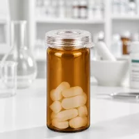 Kleines Apothekenglas 5ml mit hermetischem Schnappdeckel und weißen Tabletten gefüllt
